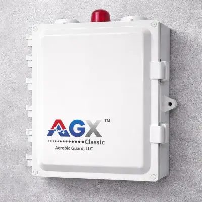 &ldquo;AGX Classic aerobic septic control panel with alarm light